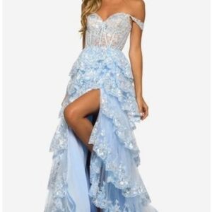 Elegant Blue Lace Off-Shoulder Gown